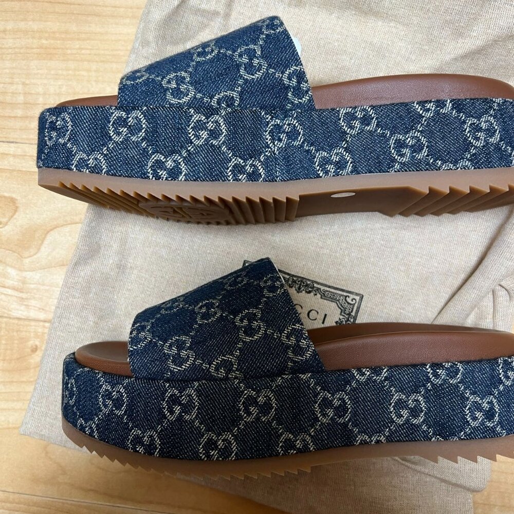Gucci Denim GG Canvas Platform Sandals in Blue and Brown